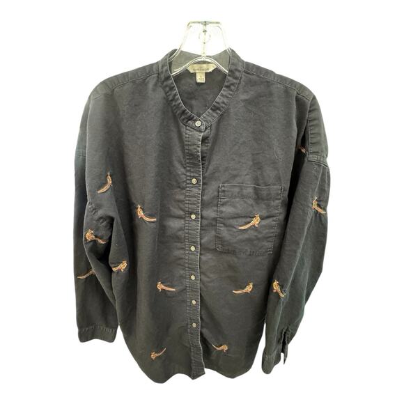 L.L. Bean Signature Black Embroidered Pheasant Print Classic Small Blouse - Picture 1 of 4